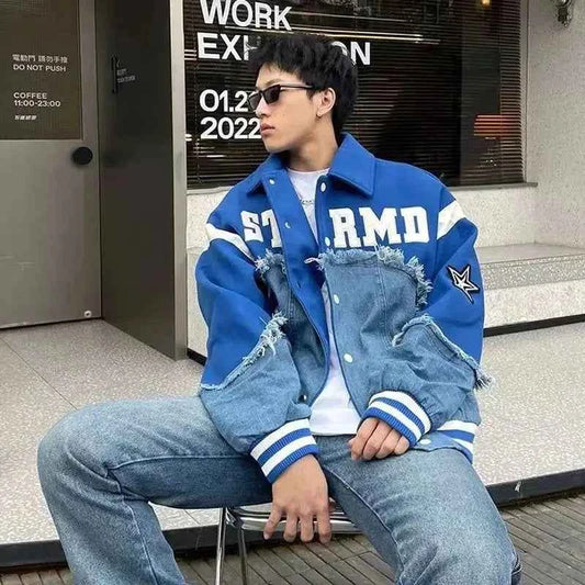 Y2K Patchwork Retro Baseball Denim Varsity Jacket