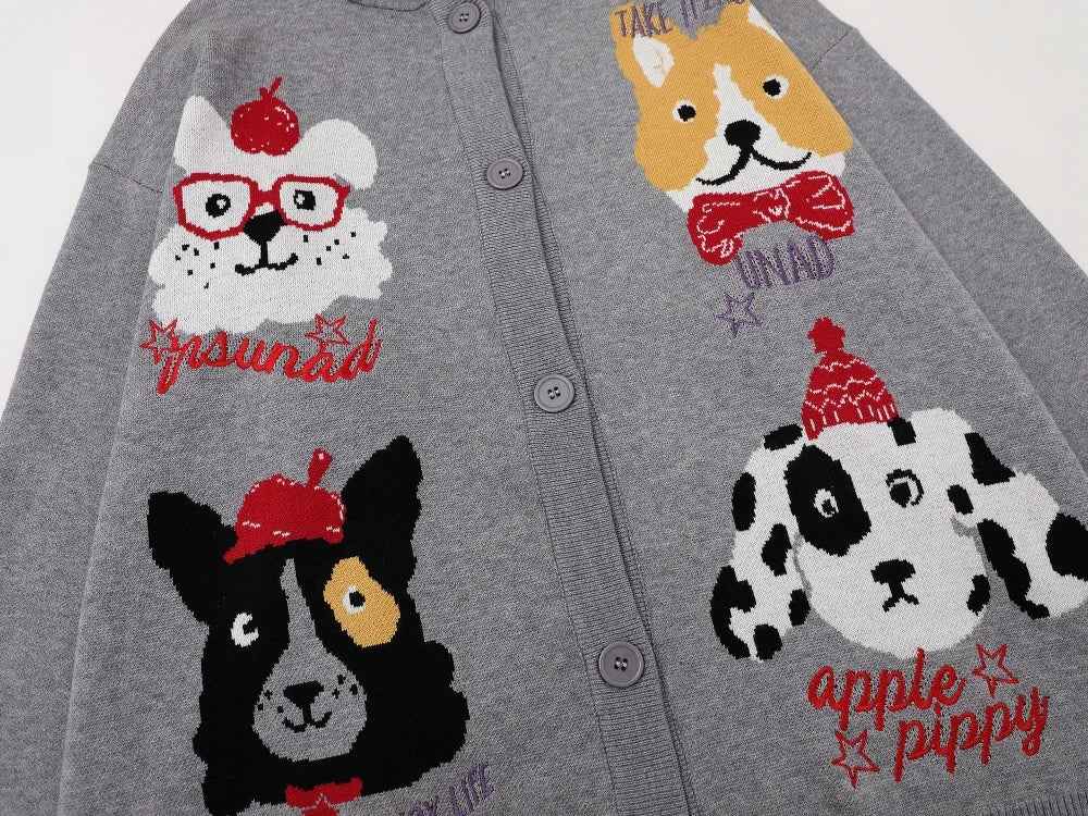 Retro Single Breasted Cartoon Puppy Jacquard Hodded Cardigan