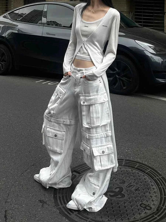 Women Edgy White Cargo Denim Jeans