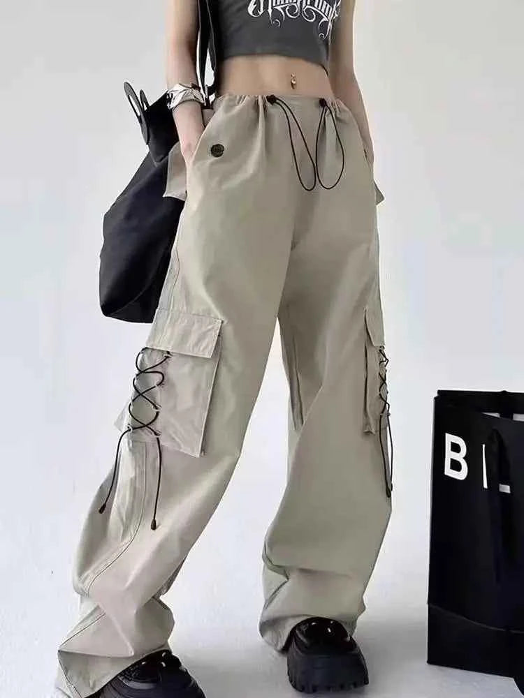 American Style Solid Pleated Wide Leg Cargo Pants