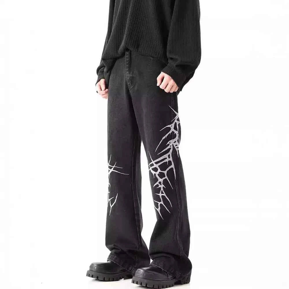 Y2K Black Loose Straight Embroidered Jeans