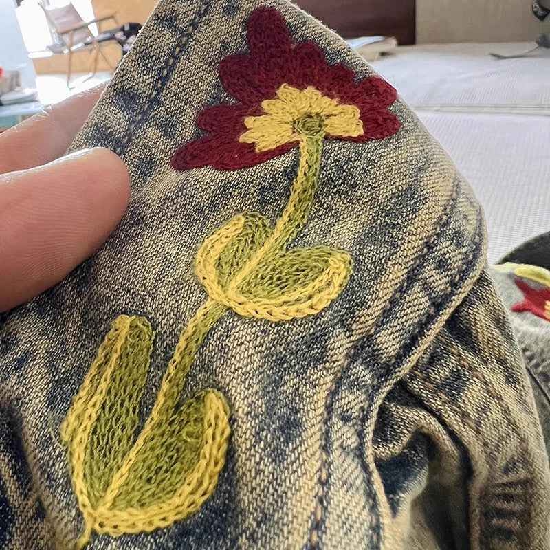 Floral Washed Embroidered Denim Long Sleeve Shirt