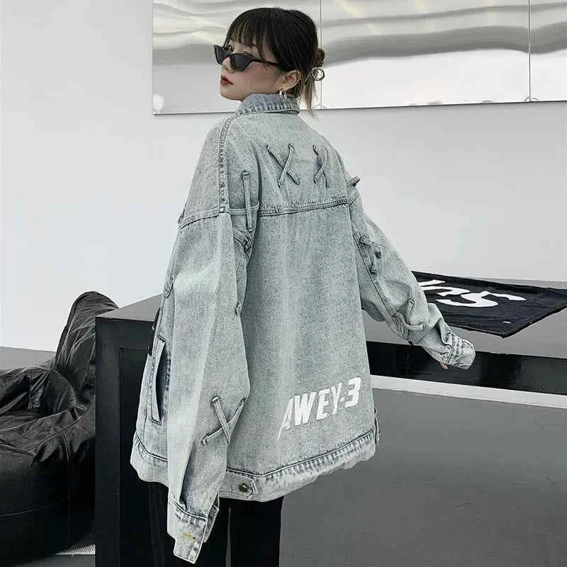 Retro American Style Letter Print Denim Jacket