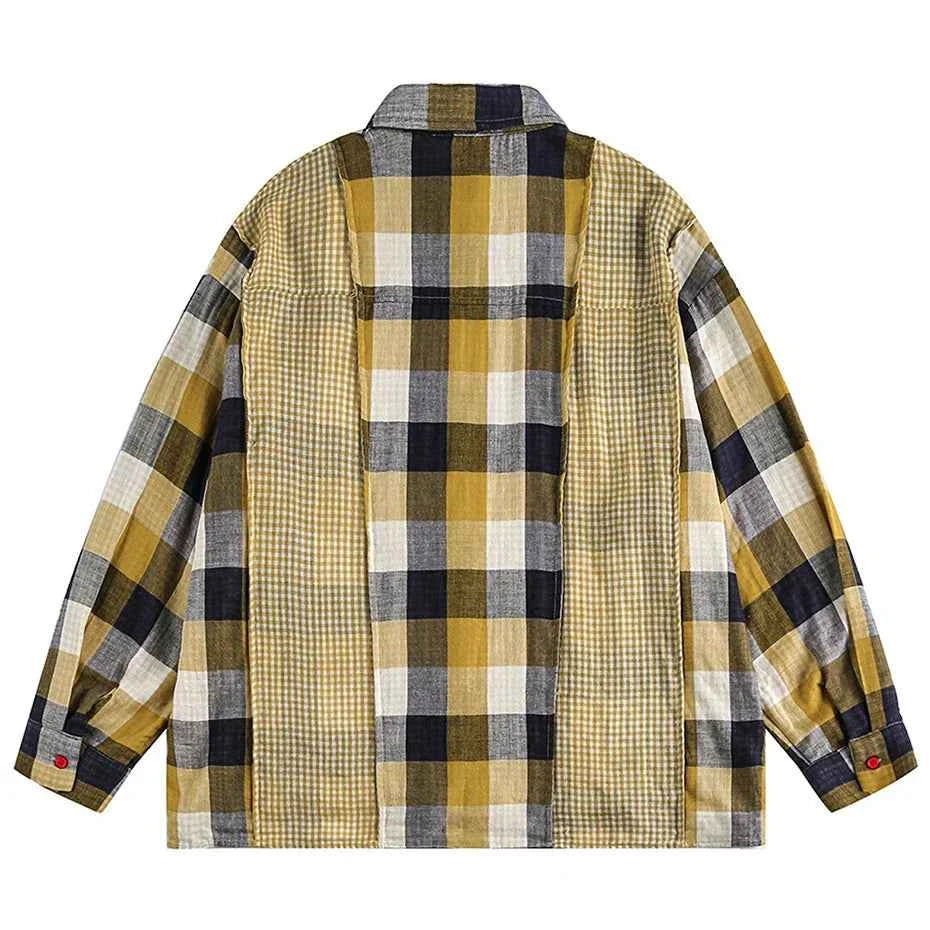 Effortless Retro Patchwork Plaid Long Sleeve Shirt