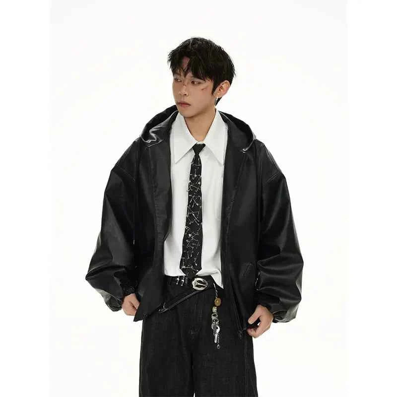 Classic Vintage Bomber Hooded PU Leather Jacket