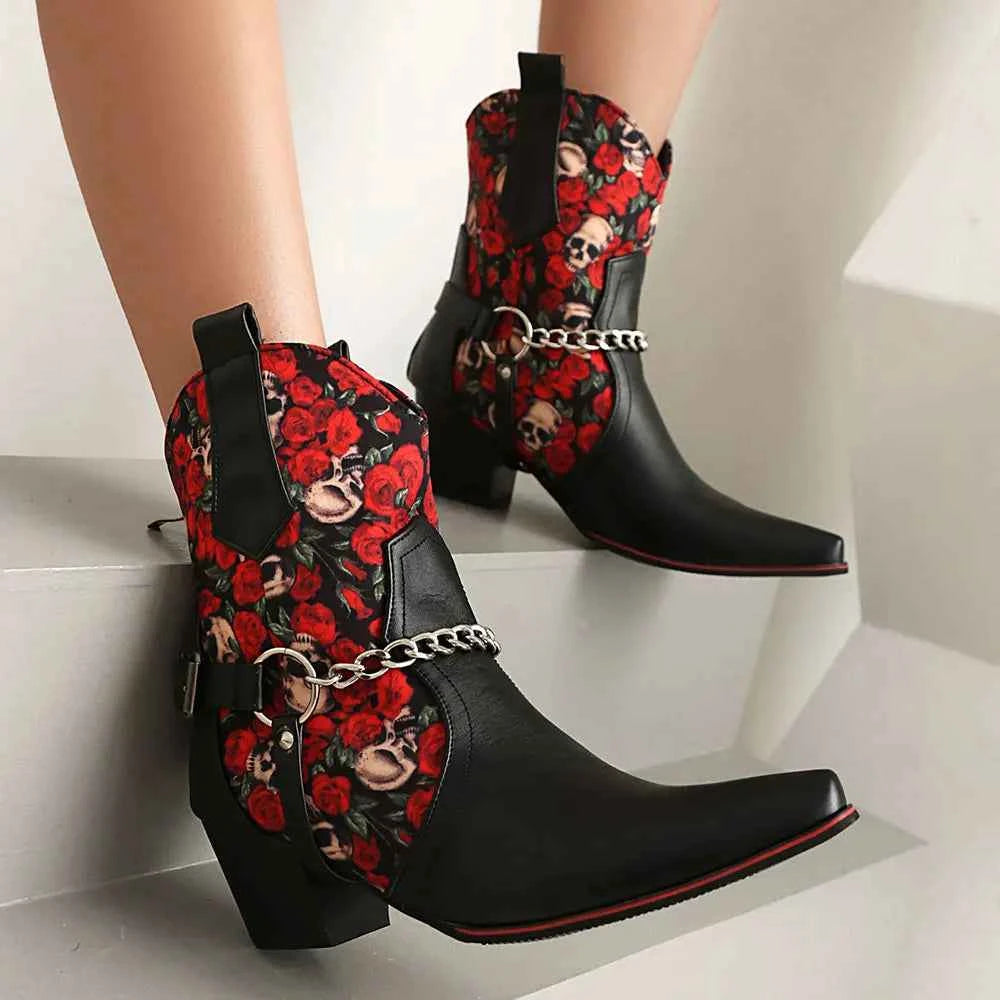 Gothic Rose Skull Cowboy Boot