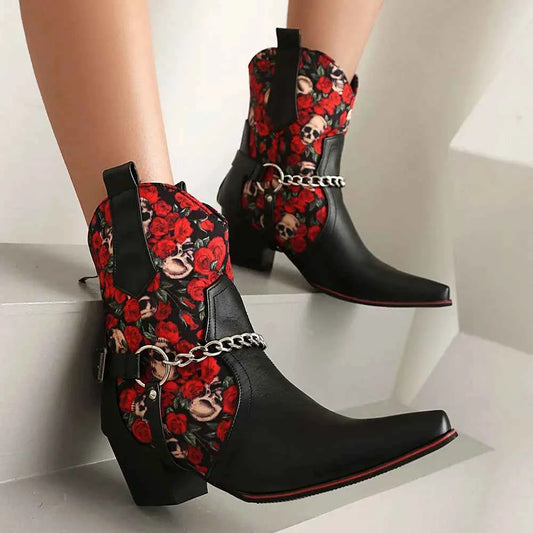 Gothic Rose Skull Cowboy Boot