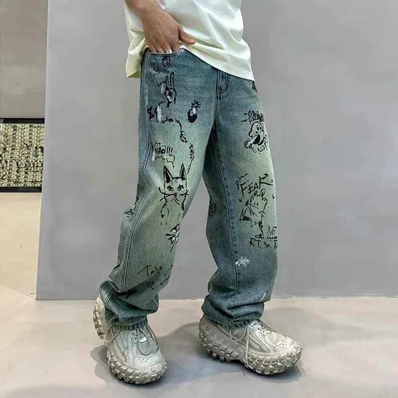 Men Personalized Graffiti Printing Casual Jeans