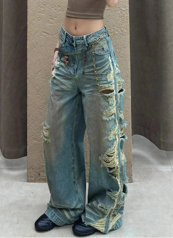Streetwear Casual Vintage Oversize Ripped Denim Jeans - Luxuryurbanwear