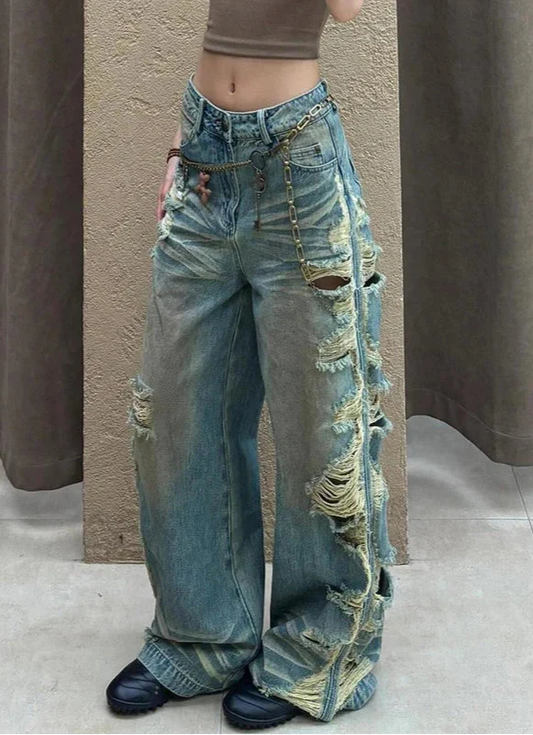 Streetwear Casual Vintage Oversize Ripped Denim Jeans - Luxuryurbanwear