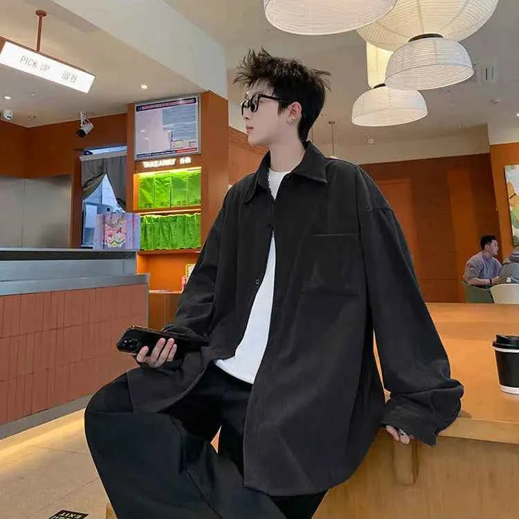 Corduroy Square Collar Casual Long Sleeve Shirt