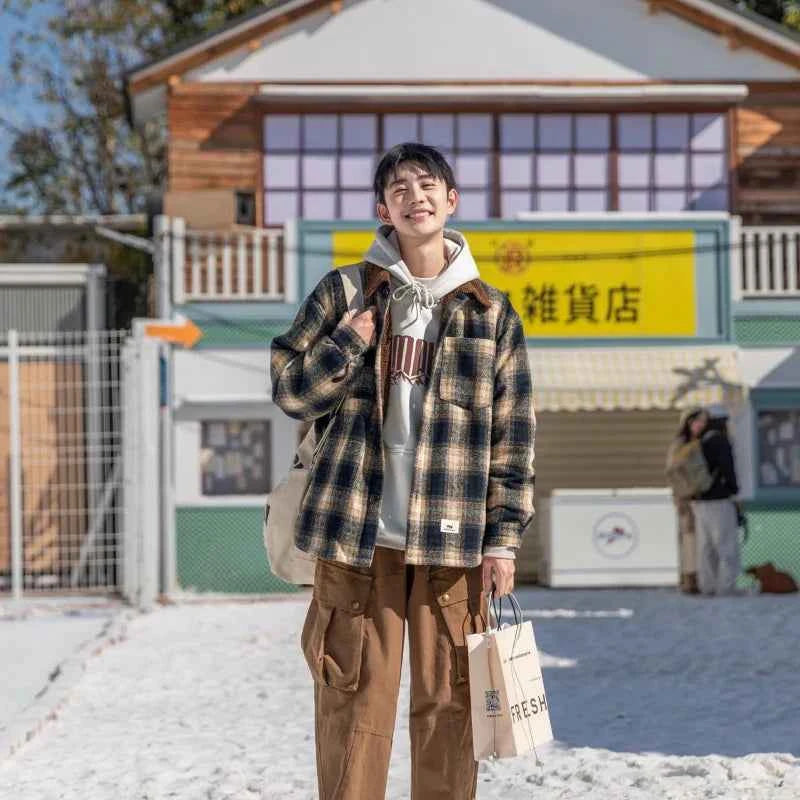 Japanese Style Thick Plaid Wool Parkas Jacket