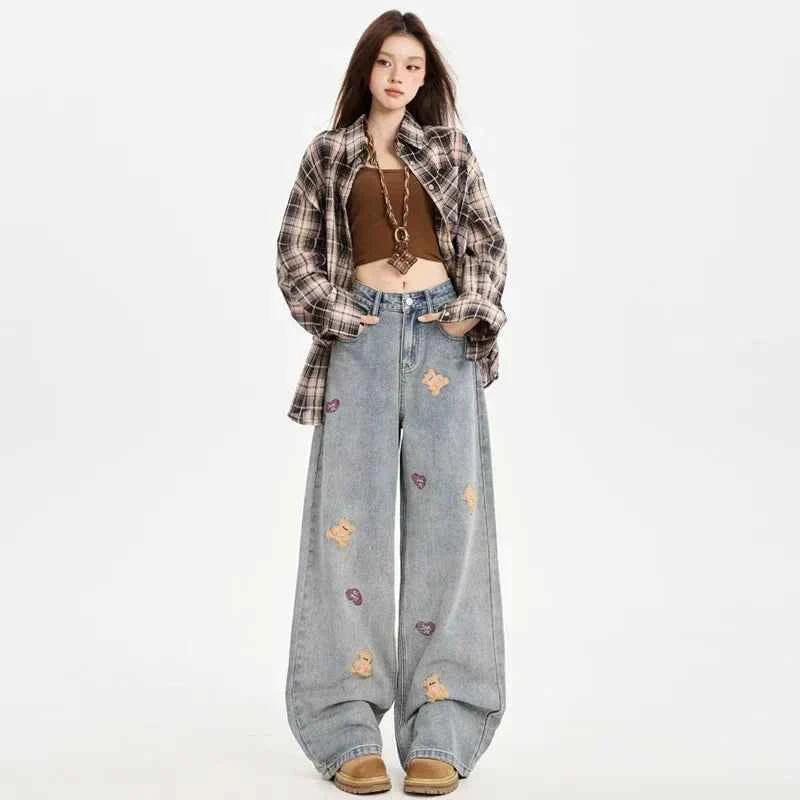 Retro Loose Embroidered Bear Denim Jeans
