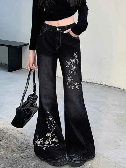 Vintage Flower Embroidered Flare Jeans
