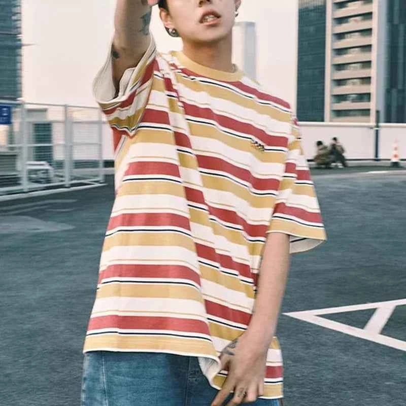 Men Casual Retro Vintage Striped Hip Hop T-Shirt