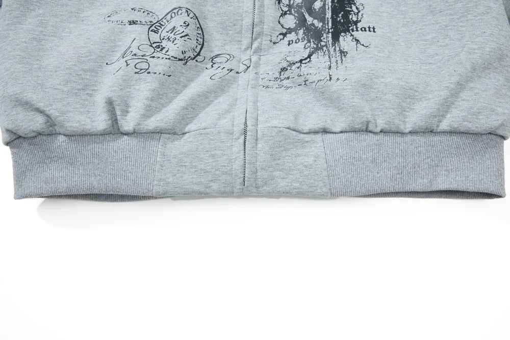 Streetwear Grim Reaper Print Fur Hooded Jacket