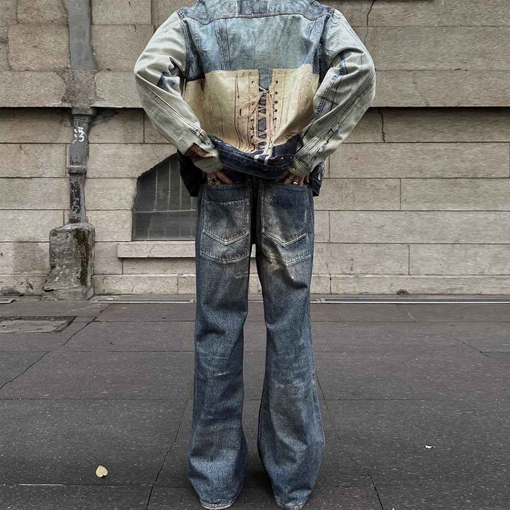 Vintage Digital Printed Distressed Jeans