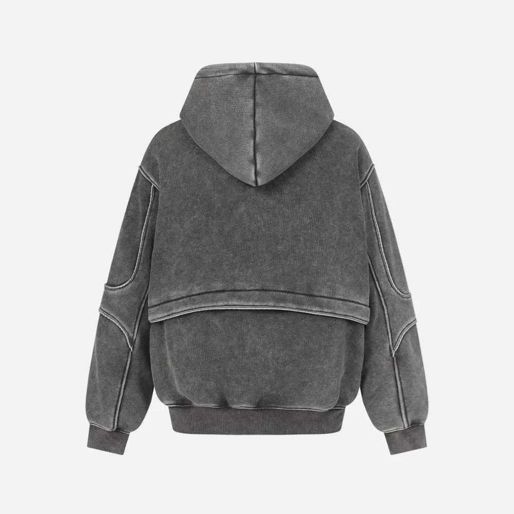 Washed Distressed Front Pocket Spliced Hoodie