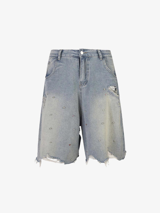 Rhinestone Denim Ripped Shorts