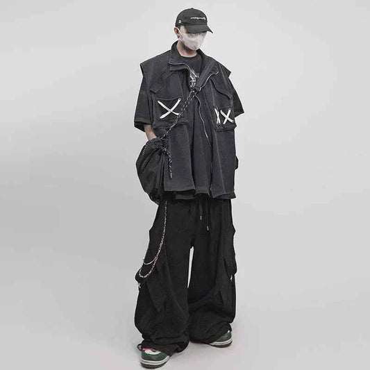 Distressed Detail Elastic Waist Cargo Pants