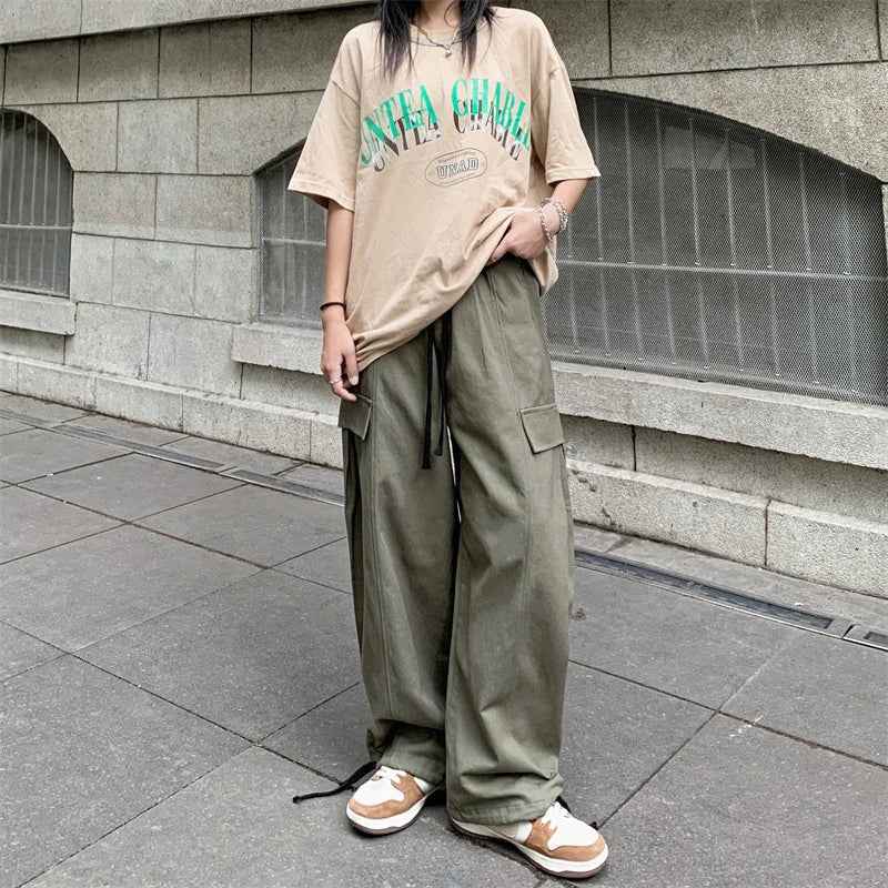 Comfortable Solid Color Wide Leg Cargo Pants