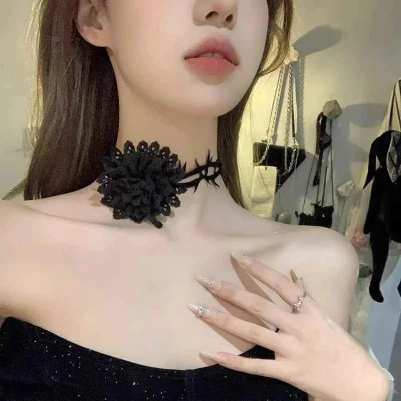 Gothic Black Rose Thorns Pendant Necklace