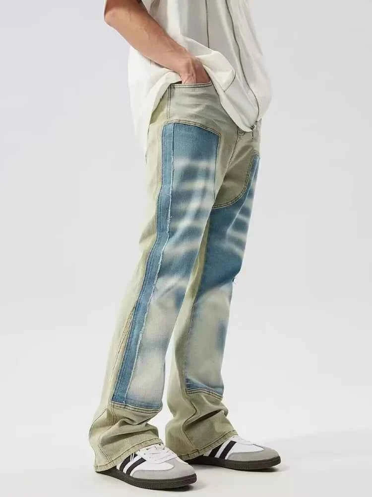 Blue Patchwork Baggy Stacked Wide Leg Flow Jeans