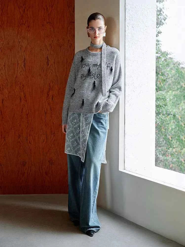 Women Luxury Ostrich Hair Embroidered Knit Sweater
