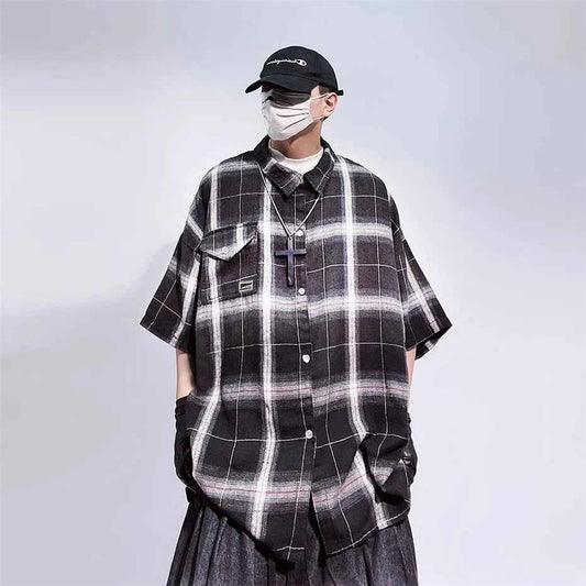 Vintage Gradient Plaid Cargo Hip Shirt