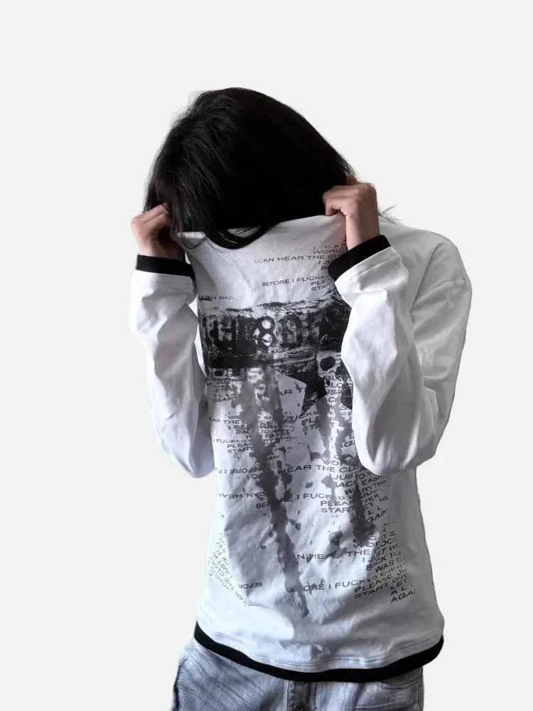 Vintage Patchwork Fake Two Piece Long Sleeve T-Shirt