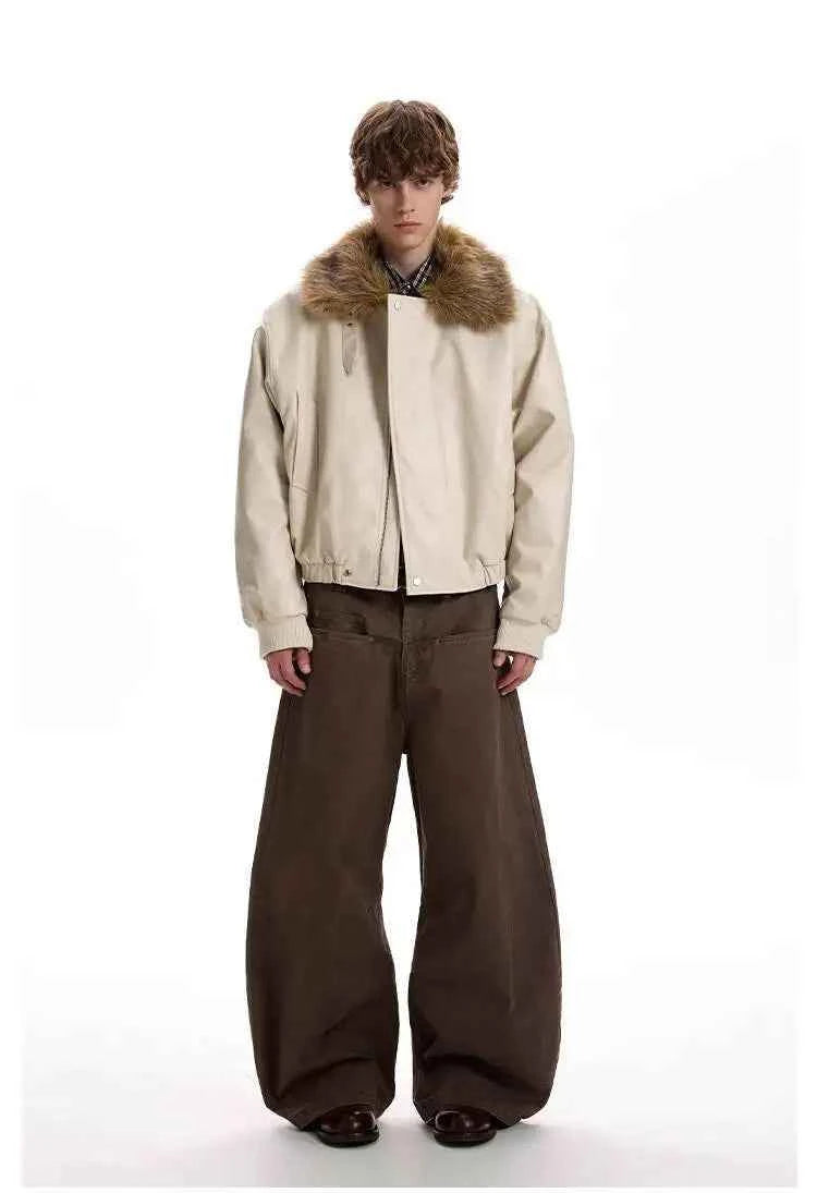 Luxury Faux Fur Lapel Leather Padded Jacket