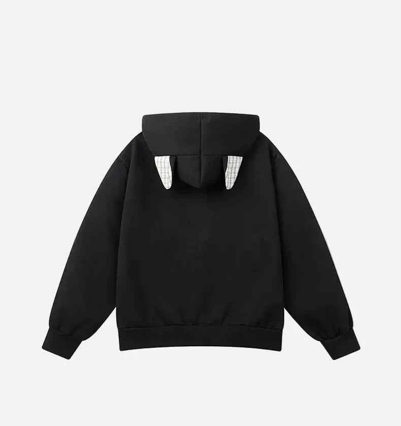 Streetwear Oversized Plaid Cat Ear Hooded Sweatshirt