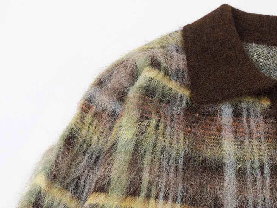 Flattering Oversized Plaid Knit Casual Polo Sweater
