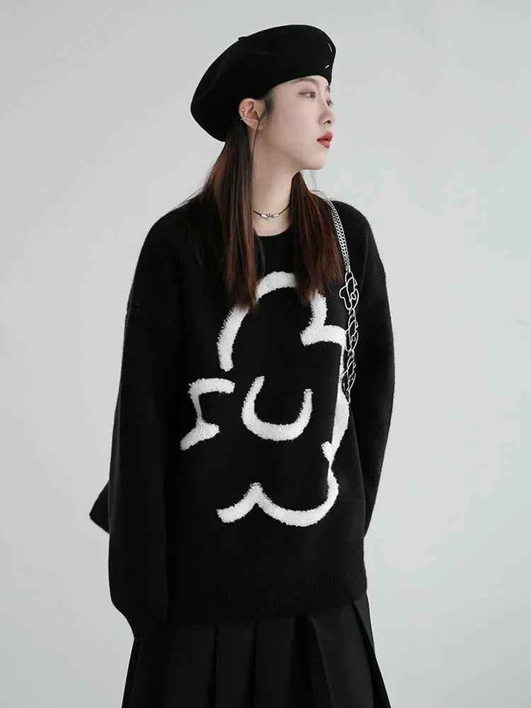 Women Vintage Black Floral Knitted Pullover Sweater