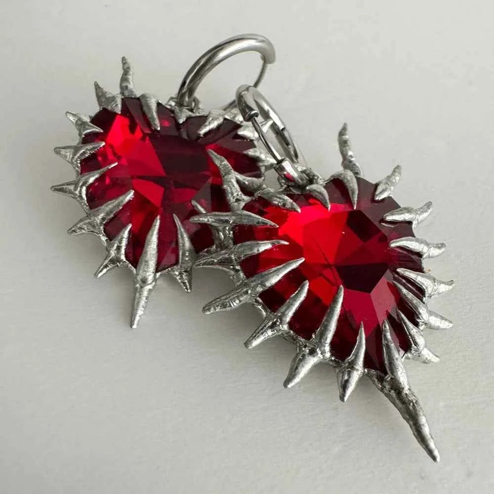 Edgy Red Spiky Heart Dangle Earring