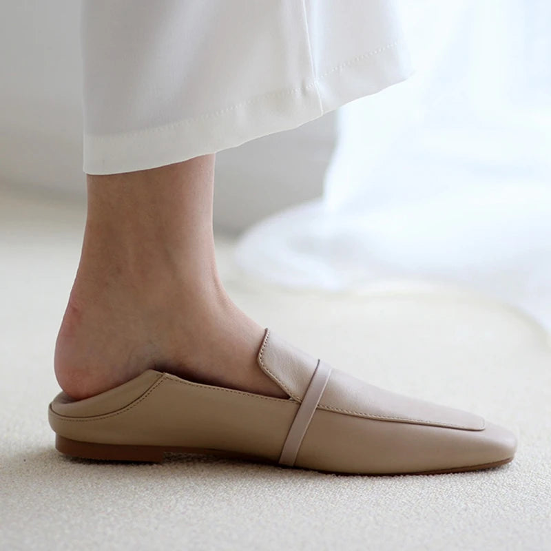Cow Leather Square Toe Women Flats Casual Loafers Women Shoe Without Heel 2025 New Spring Autumn Mules Woman Simple White Shoes
