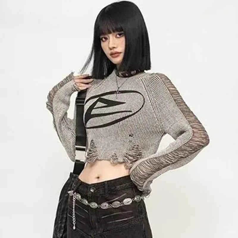 Vintage Distressed Cropped Long Sleeve Sweater