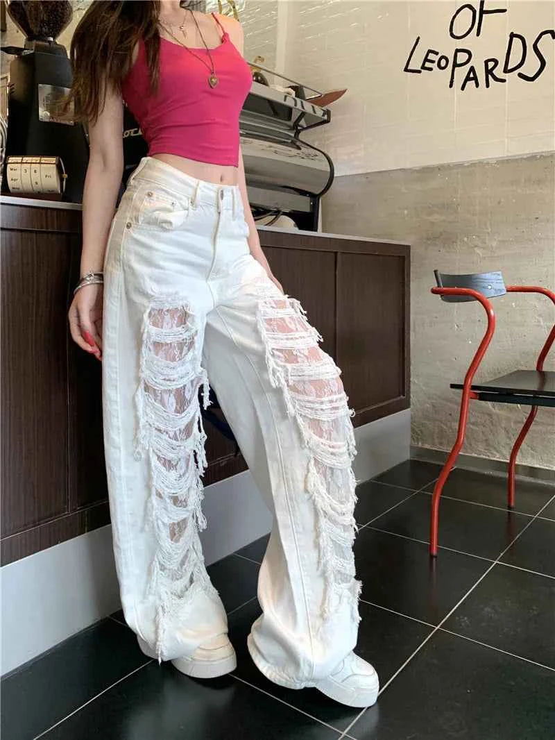 White Ripped Lace Splicing High Waist Jeans