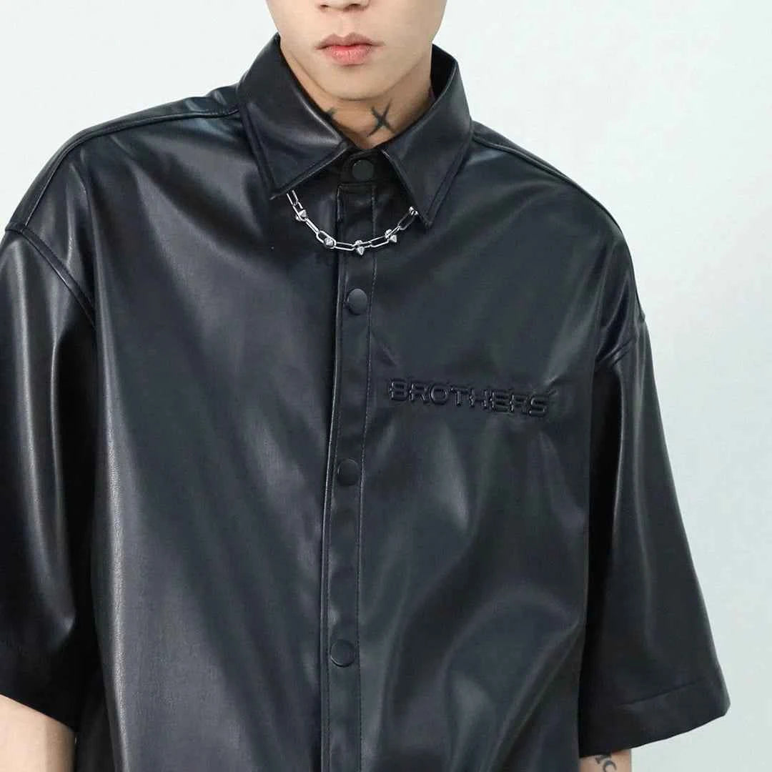 Black Embossed Short Sleeve PU Leather Shirt