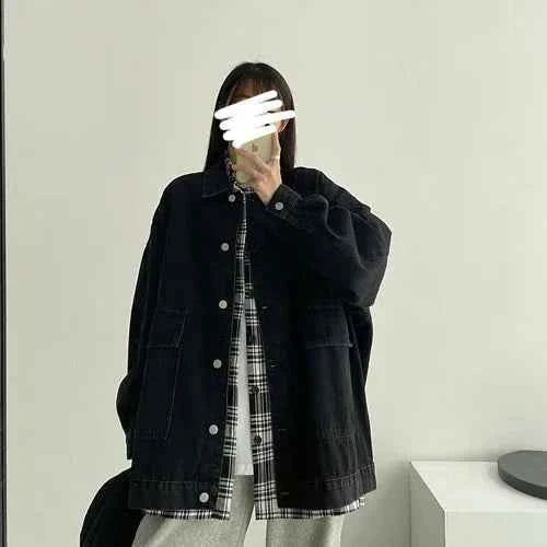 Black Loose Single Breasted Denim Jacket