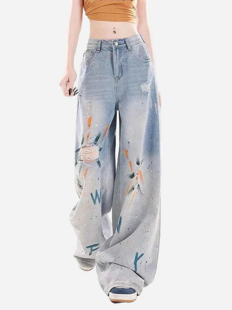 Streetwear Ripped High Waist Painted Wide Leg Jeans