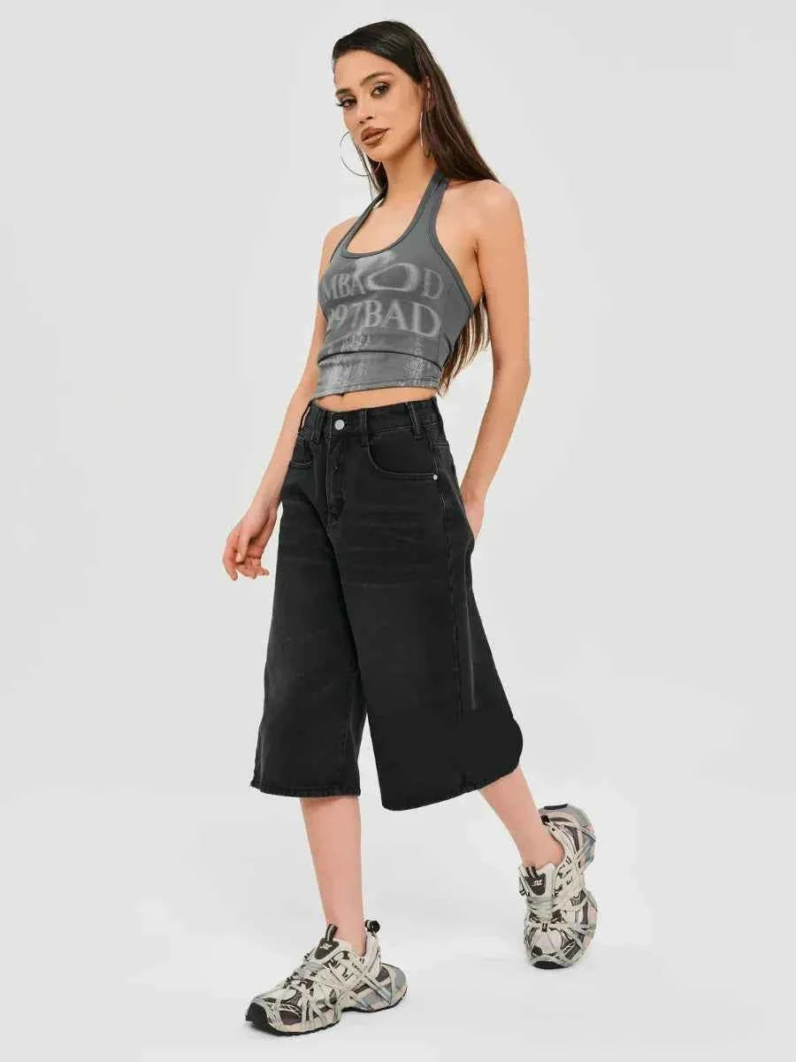 Women Cozy Soft Knit Black Denim Jorts