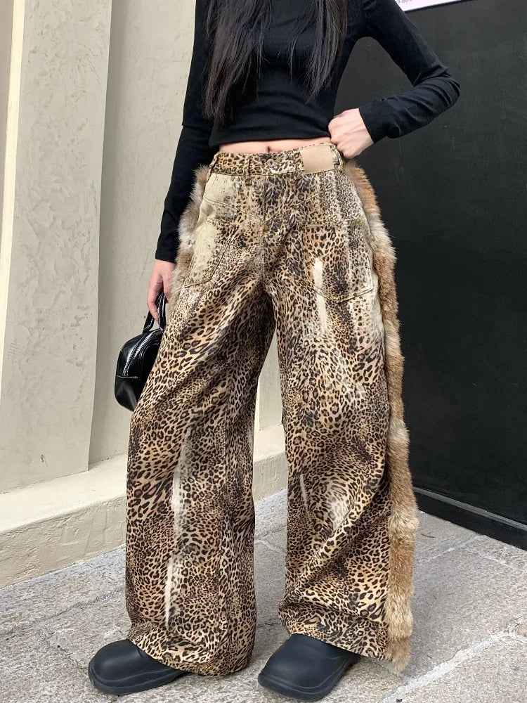 Leopard Patchwork Baggy Vintage Wide Jeans