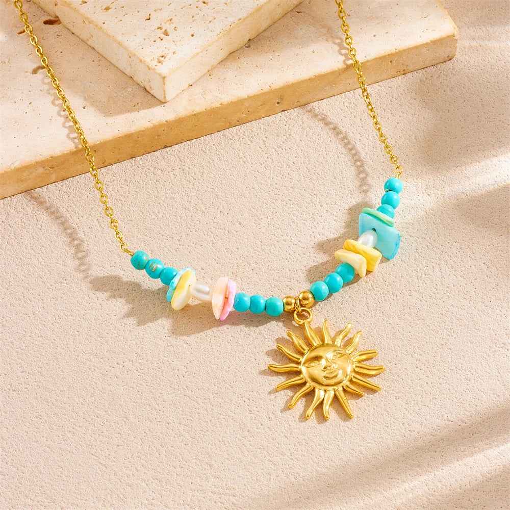 Turquoise Pearl Golden Sun Pendant Necklace