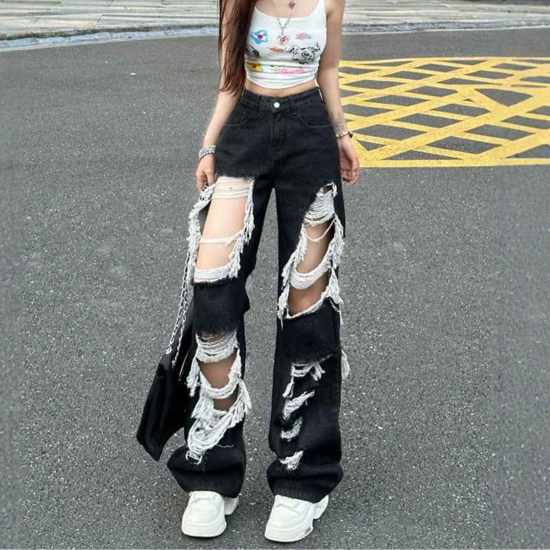 Elevated High Waist Ripped Gothic Denim Jeans