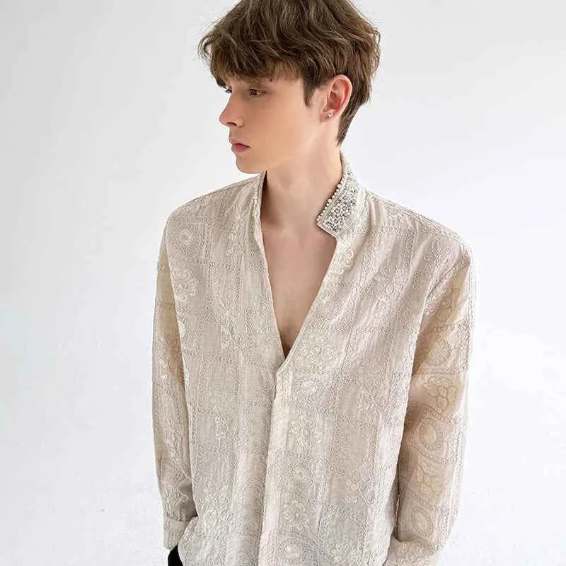 Luxury Pearl Patchwork Long Sleeve Shirt