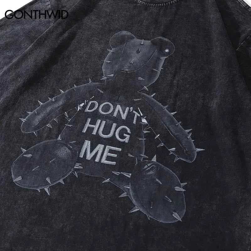 Streetwear Punk Bear Graphic Print Washed Oversized T-Shirt