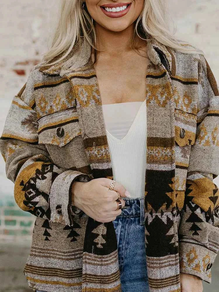 Brown Aztec Print Western Bomber Jacket