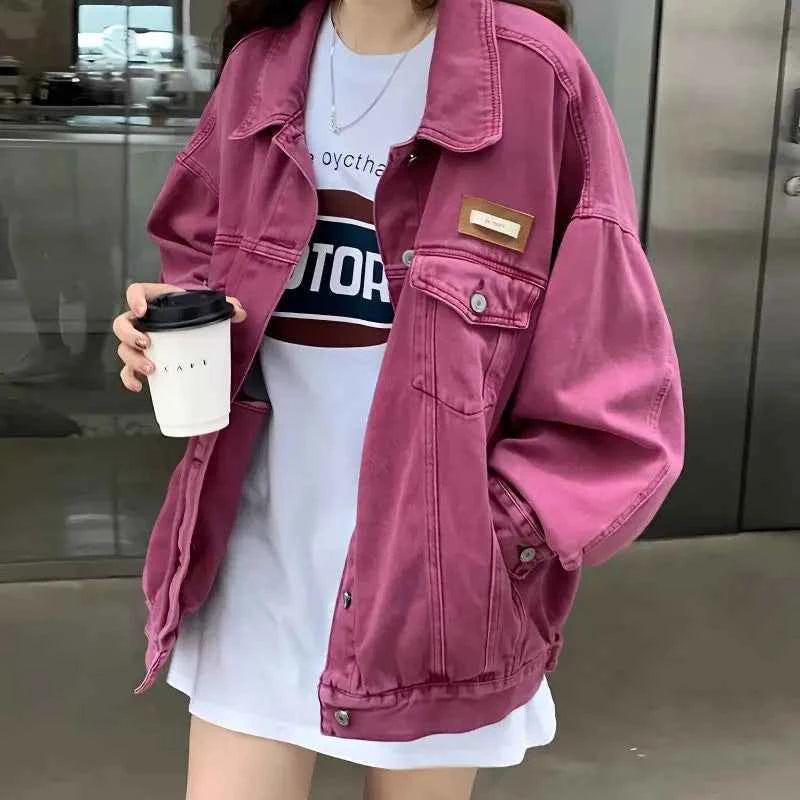 Women Rose Pink Buckle Loose Denim Jacket
