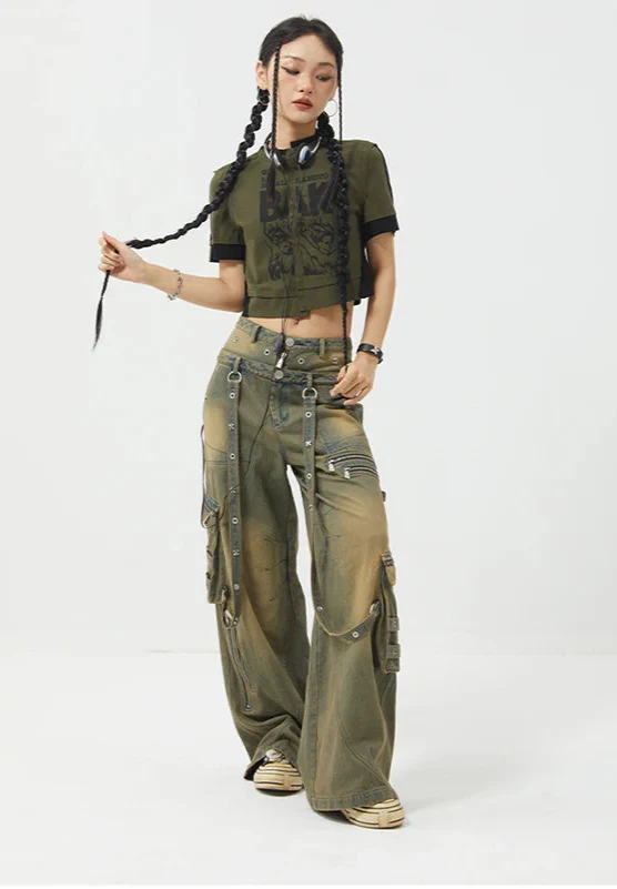 Streetwear Y2K Belted Vintage High Waist Straight Jeans - Luxuryurbanwear